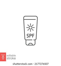 Sun cream bottle icon. Simple outline style. Tube sunblock, spf, protection, uv, sunscreen concept. Vector illustration isolated on white background. Thin line symbol. Editable stroke EPS 10