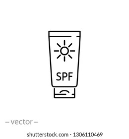 sun cream bottle icon, sunblock tube, spf protection linear sign isolated on white background - editable stroke vector illustration eps10