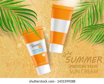 Sun cream bottle realistic isolated, sea background,tropical banner, packaging mockup, protection sun cream, summer cosmetics vector illustration