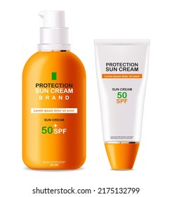 Sun cream bottle realistic isolated, packaging mockup, protection sun cream, summer cosmetics vector illustration