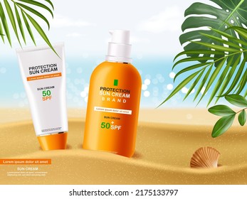 Botella de crema solar realista aislada, fondo marino, banner tropical, mockup de embalaje, crema solar de protección, ilustración vectorial de cosméticos de verano