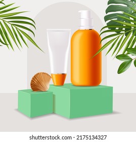 Sun cream bottle realistic isolated, sea background,tropical banner, packaging mockup, protection sun cream, summer cosmetics vector illustration