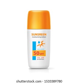 Sun Cream Bottle Template. Realistic Sunblock Lotion Package. Sunscreen Container Isolated On White.