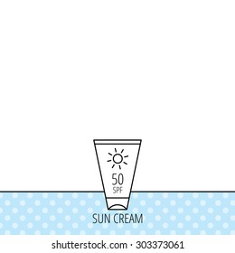 Sun cream container icon. Beach lotion sign. Circles seamless pattern. Background with icon. Vector