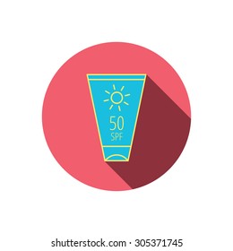 Sun cream container icon. Beach lotion sign. Red flat circle button. Linear icon with shadow. Vector