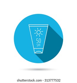 Sun cream container icon. Beach lotion sign. Blue flat circle button with shadow. Vector