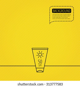 Sun cream container icon. Beach lotion sign. Speech bubble of dotted line. Orange background. Vector