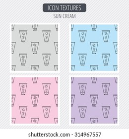 Sun cream container icon. Beach lotion sign. Diagonal lines texture. Seamless patterns set. Vector