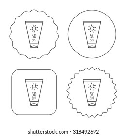 Sun cream container icon. Beach lotion sign. Flat circle, star and emblem buttons. Labels design. Vector