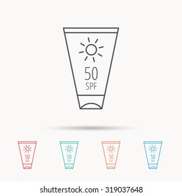 Sun cream container icon. Beach lotion sign. Linear icons on white background. Vector