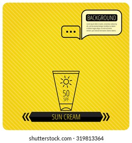 Sun cream container icon. Beach lotion sign. Chat speech bubbles. Orange line background. Vector
