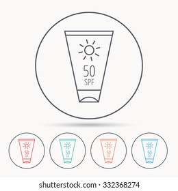Sun cream container icon. Beach lotion sign. Linear circle icons.