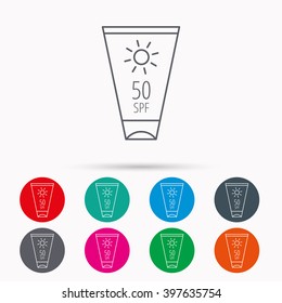 Sun cream container icon. Beach lotion sign. Linear icons in circles on white background.