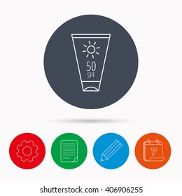 Sun cream container icon. Beach lotion sign. Calendar, cogwheel, document file and pencil icons.