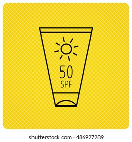 Sun cream container icon. Beach lotion sign.