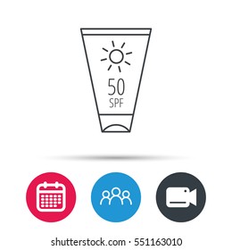 Sun cream container icon. Beach lotion sign. Group of people, video cam and calendar icons. Vector