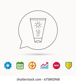 Sun cream container icon. Beach lotion sign. Calendar, Graph chart and Cogwheel signs. Download and Shield web icons. Vector