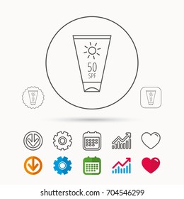 Sun cream container icon. Beach lotion sign. Calendar, Graph chart and Cogwheel signs. Download and Heart love linear web icons. Vector