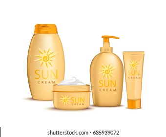 Sun Cream Containers on white background. Suntan Lotion, bottle of Oil and Sunscreen Cream. 
