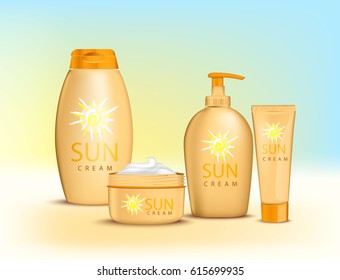 Sun Cream Containers. Vector Set of Protection Cosmetics packaging. Suntan Lotion, bottle of Oil and Sunscreen 

