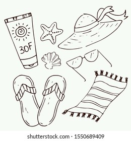 Sun cream, hat, shell, sea star, glasses, towel, slippers beach. Holidays set, Package design, greeting card, traveling decoration.