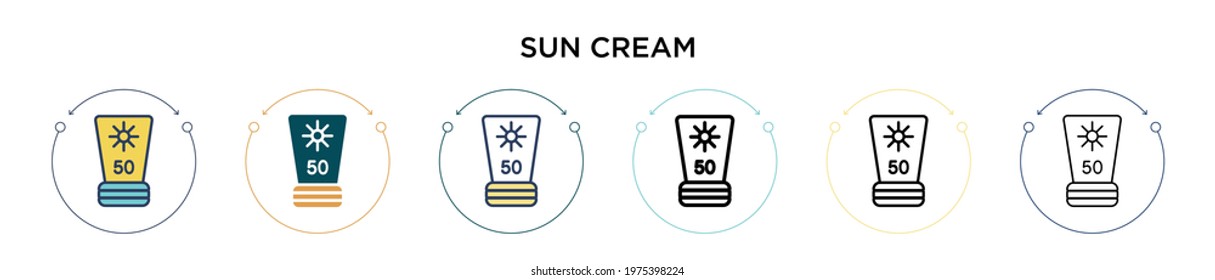 Sun cream icon in filled, thin line, outline and stroke style. Vector illustration of two colored and black sun cream vector icons designs can be used for mobile, ui, web