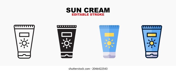 Juego de iconos de crema solar con estilos diferentes. Iconos diseñados en color relleno, contorno, plano, glifo y línea. Actrazo editable y píxel perfecto. Se puede usar para web, móvil, ui y más.