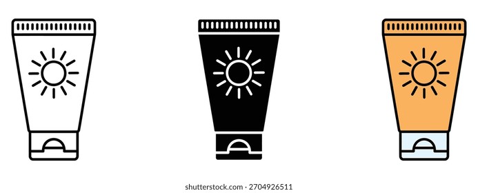 Símbolo del icono de la crema solar. Vector del tubo de la loción del bloqueador solar. Ilustración vectorial.