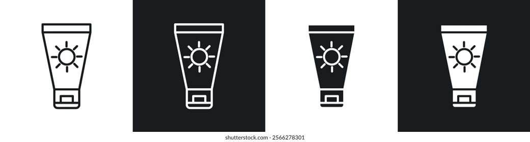 Sun cream icons collection in black filled and line style.