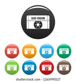Sun cream icons set 9 color vector isolated on white for any design