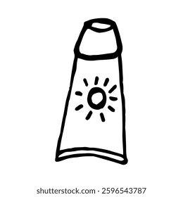 Sun cream isolated on white background. Simple vector black and white outline doodle illustration of tube of care product, vacation item, compact cream for protection against sunburn.