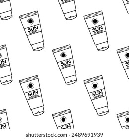 Sun Cream line drawing  Seamless Pattern, Sunscreen tube, Sunblock Gel pattern ,black and white , isolated on white background