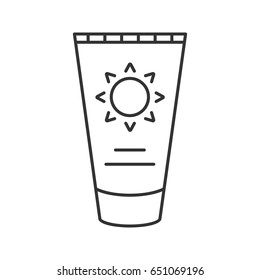 Sun cream linear icon. Thin line illustration. Suntan lotion contour symbol. Vector isolated outline drawing
