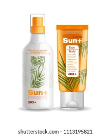 Sun cream and lotion protection isolated Vector. Realistic product packaging mock up set collection. Sun screen Uv protection products. 3d illustrations