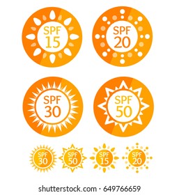 Sun Cream Round Orange Labels Spf Set Symbol Summer Solar Skin Protect. Vector illustration