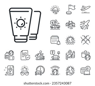 Sun cream sign. Plane jet, travel map and baggage claim outline icons. Sunscreen line icon. Sunblock lotion symbol. Sunscreen line sign. Car rental, taxi transport icon. Place location. Vector