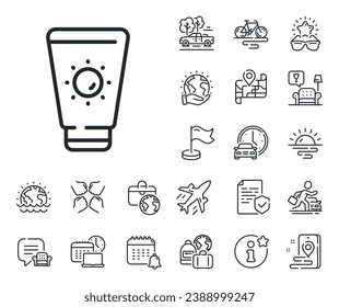 Sun cream sign. Plane jet, travel map and baggage claim outline icons. Sunscreen line icon. Sunblock lotion symbol. Sunscreen line sign. Car rental, taxi transport icon. Place location. Vector