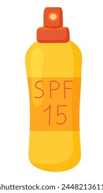 Sun cream in spray bottle. SPF 15. Lotion, mousse. Summer cosmetic. Sunblock, skin protection, sunscreen, skin care products. Vector illustration.