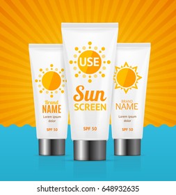 Sun Cream Summer Travel Concept Protect and Care for Skin on Sunburst and Sea Background. Vector illustration