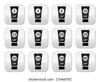 Sun cream, sunblock with factor or spv buttons set