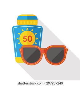 Sun Cream and sunglasses flat icon with long shadow
