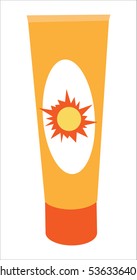 Sun cream tube in flat. Solar defence. Sun cosmetic. Orange plastic tube for sun block. Sunscreen cream bottle. Product for body and skin care, beauty, health, freshness, youth, hygiene.