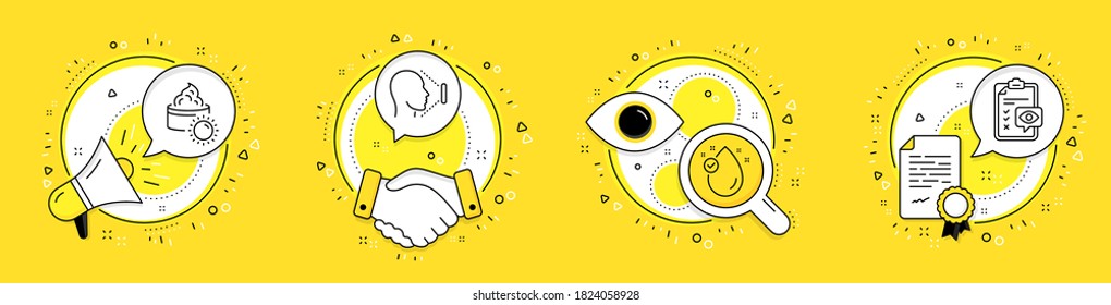 Sun cream, Vitamin e and Face id line icons set. Megaphone, licence and deal vector icons. Eye checklist sign. Face lotion, Oil drop, Identification system. Optometry. Healthcare set. Vector