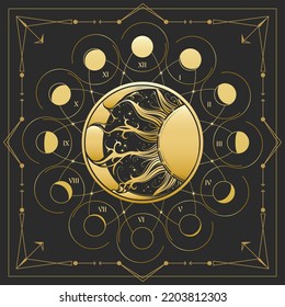 Sun and Crescend Moon with Phases Medieval Astrological Emblem on Black  background. Vector illustration.