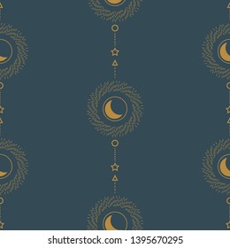 Sun and crescent abstract line style geometric seamless pattern art. Astrology theme blue and gold vector texture.