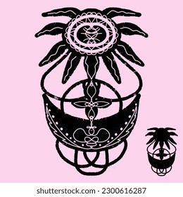 Sun and crescent. Black symmetrical composition. In the style of linocut. Scandinavian rustic ornament. Element for design