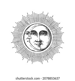 Sun and Crescent, hand drawing in engraving style. Vector graphic retro illustration. Vintage pastiche of esoteric and occult sign.