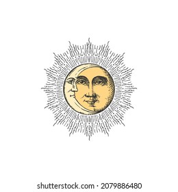 Sun and Crescent, hand drawing in engraving style. Vector graphic retro illustration. Vintage pastiche of esoteric and occult sign.