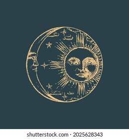 Sun and Crescent, hand drawn in engraving style. Vector graphic retro illustrations. Vintage pastiche of esoteric and occult signs.