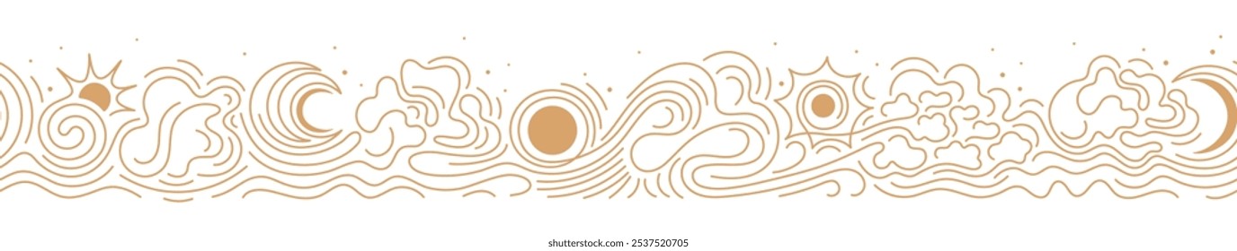 Sun, crescent moon, cloud and sea. Stars on windy sky. Chinese, japanese, korean or tibetan esoteric pattern. Magic line vector endless background. Gold decorative art ornament for astrology.